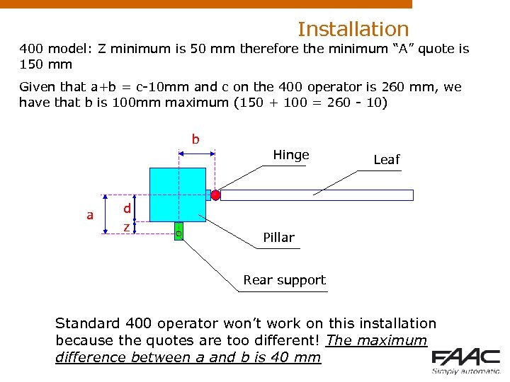 Installation 400 model: Z minimum is 50 mm therefore the minimum “A” quote is