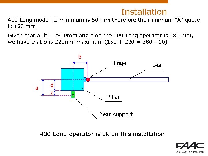 Installation 400 Long model: Z minimum is 50 mm therefore the minimum “A” quote