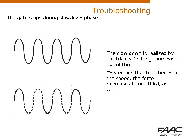 Troubleshooting The gate stops during slowdown phase The slow down is realized by electrically