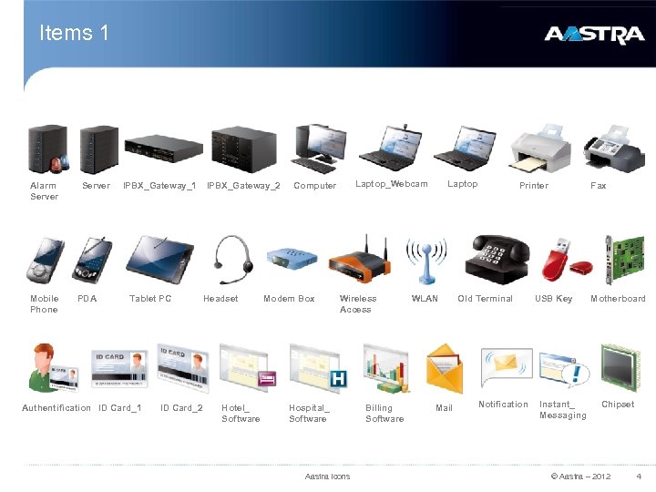 Items 1 Alarm Server Mobile Phone Server PDA IPBX_Gateway_1 Tablet PC Authentification ID Card_1