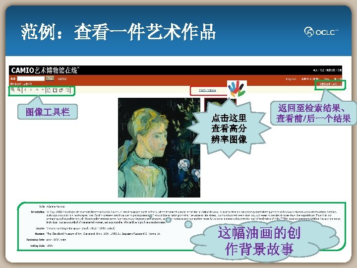 范例：查看一件艺术作品 图像 具栏 点击这里 查看高分 辨率图像 返回至检索结果、 查看前/后一个结果 这幅油画的创 作背景故事 