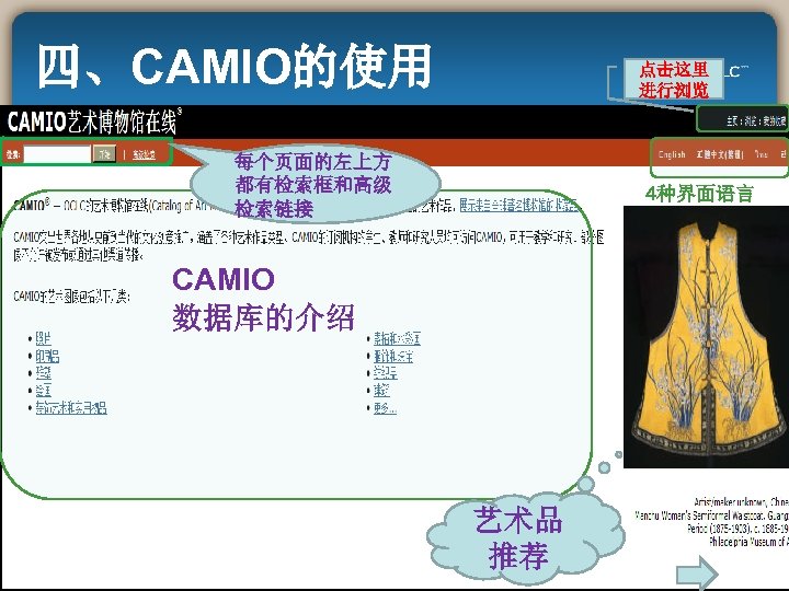 四、CAMIO的使用 点击这里 进行浏览 每个页面的左上方 都有检索框和高级 检索链接 4种界面语言 CAMIO 数据库的介绍 艺术品 推荐 