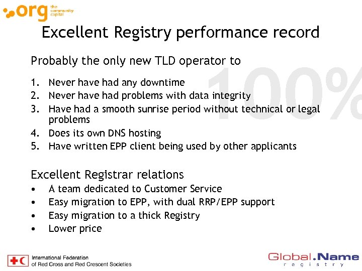 Excellent Registry performance record 100% Probably the only new TLD operator to 1. Never