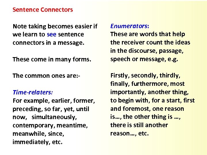 Sentence Connectors Note taking becomes easier if we learn to see sentence connectors in