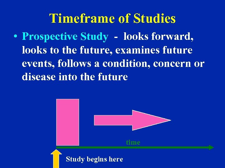 Timeframe of Studies • Prospective Study - looks forward, looks to the future, examines