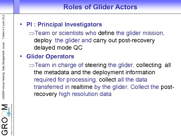 GROOM Annual meeting Data Management issues Trieste 4 -5 June 2013 Roles of Glider