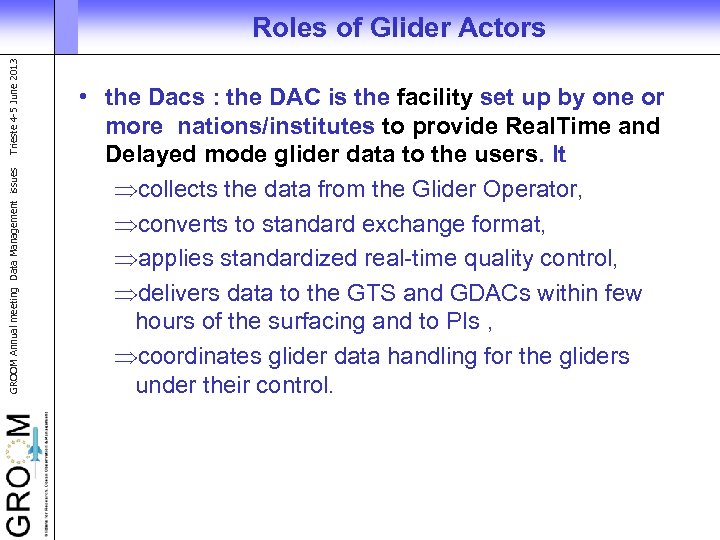 GROOM Annual meeting Data Management issues Trieste 4 -5 June 2013 Roles of Glider