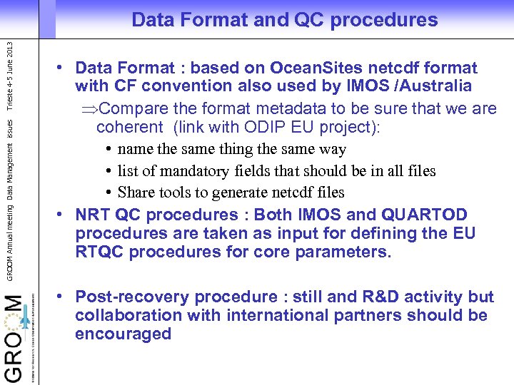 GROOM Annual meeting Data Management issues Trieste 4 -5 June 2013 Data Format and