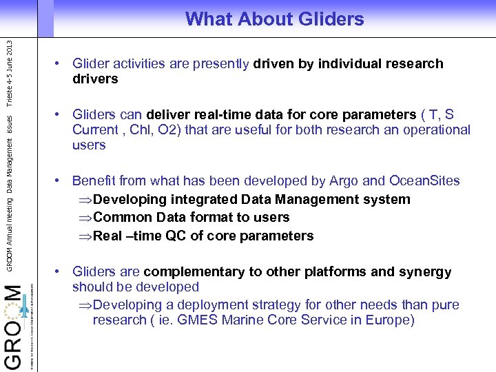 GROOM Annual meeting Data Management issues Trieste 4 -5 June 2013 What About Gliders