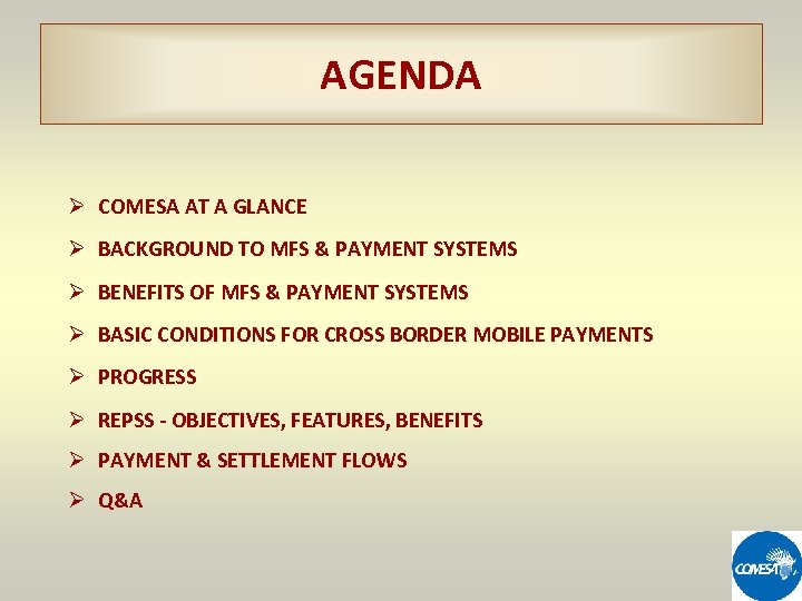 AGENDA Ø COMESA AT A GLANCE Ø BACKGROUND TO MFS & PAYMENT SYSTEMS Ø