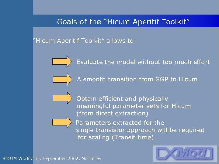 Goals of the “Hicum Aperitif Toolkit” allows to: Evaluate the model without too much