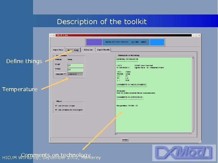 Description of the toolkit Define things Temperature Comments on technology HICUM Workshop, September 2002,