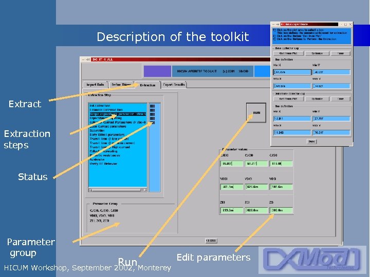 Description of the toolkit Extraction steps Status Parameter group Run HICUM Workshop, September 2002,