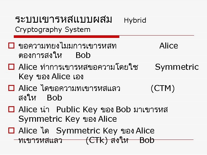 ระบบเขารหสแบบผสม Hybrid Cryptography System o ขอความทยงไมมการเขารหสท Alice ตองการสงให Bob o Alice ทำการเขารหสขอความโดยใช Symmetric Key