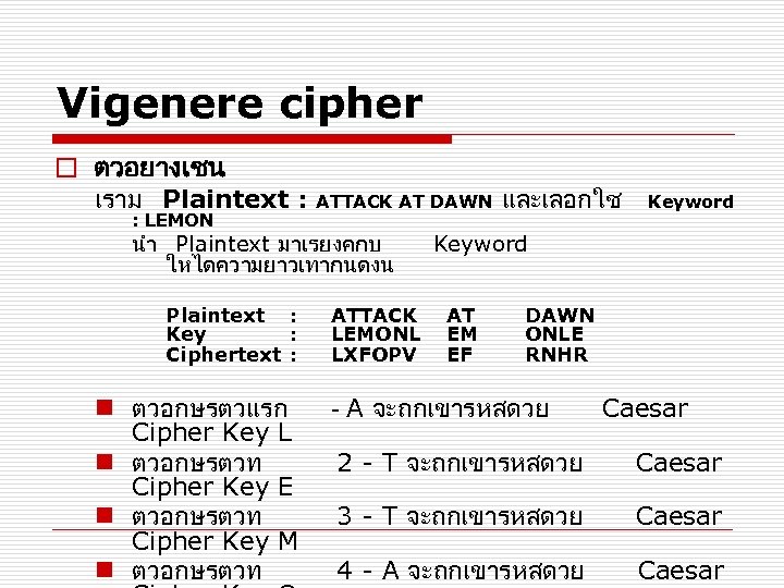 Vigenere cipher o ตวอยางเชน เราม Plaintext : ATTACK AT DAWN และเลอกใช Keyword : LEMON