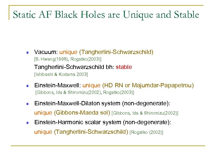 Static AF Black Holes are Unique and Stable Vacuum: unique (Tangherlini-Schwarzschild) [S. Hwang(1998), Rogatko(2003)]