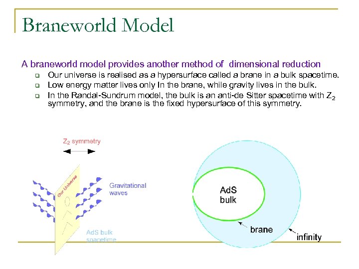 Braneworld Model A braneworld model provides another method of dimensional reduction q q q