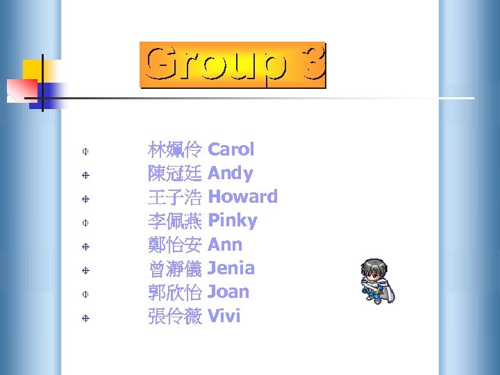 林姵伶 Carol 陳冠廷 Andy 王子浩 Howard 李佩燕 Pinky 鄭怡安 Ann 曾瀞儀 Jenia 郭欣怡 Joan