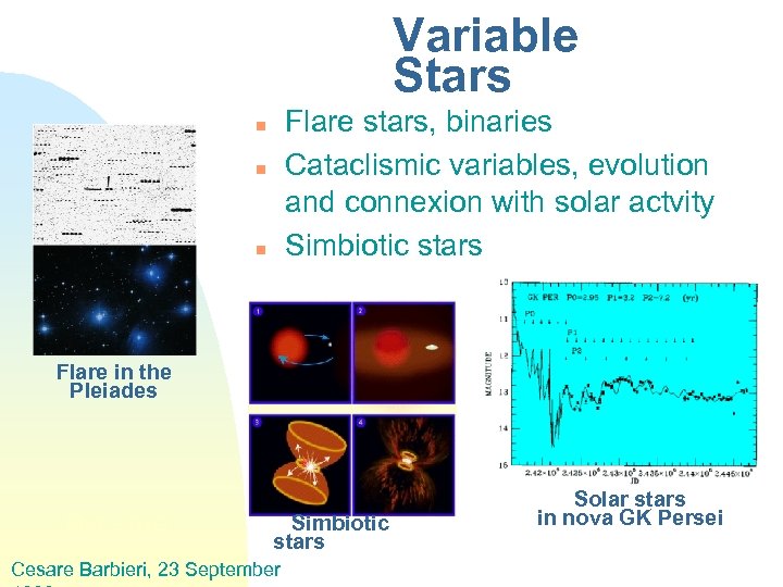 Variable Stars Flare stars, binaries Cataclismic variables, evolution and connexion with solar actvity Simbiotic