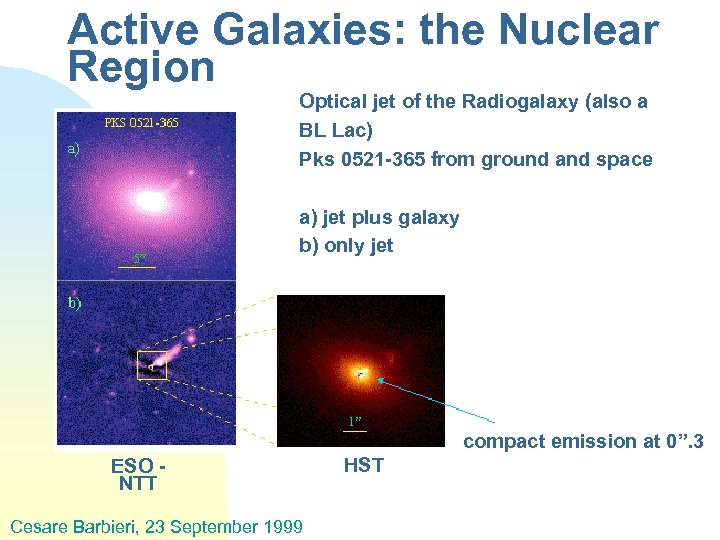 Active Galaxies: the Nuclear Region Optical jet of the Radiogalaxy (also a BL Lac)