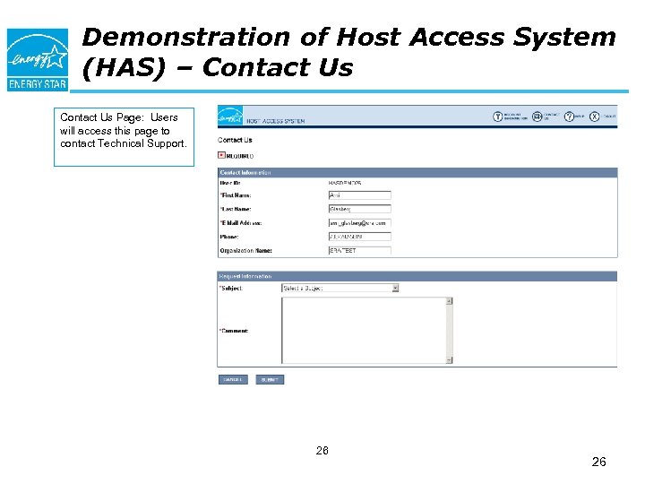 Demonstration of Host Access System (HAS) – Contact Us Page: Users will access this