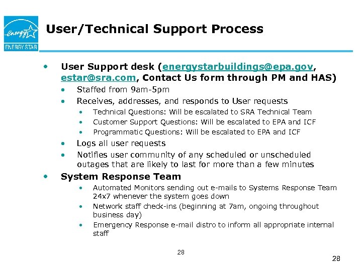 User/Technical Support Process • User Support desk (energystarbuildings@epa. gov, estar@sra. com, Contact Us form