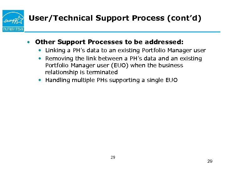 User/Technical Support Process (cont’d) • Other Support Processes to be addressed: • Linking a