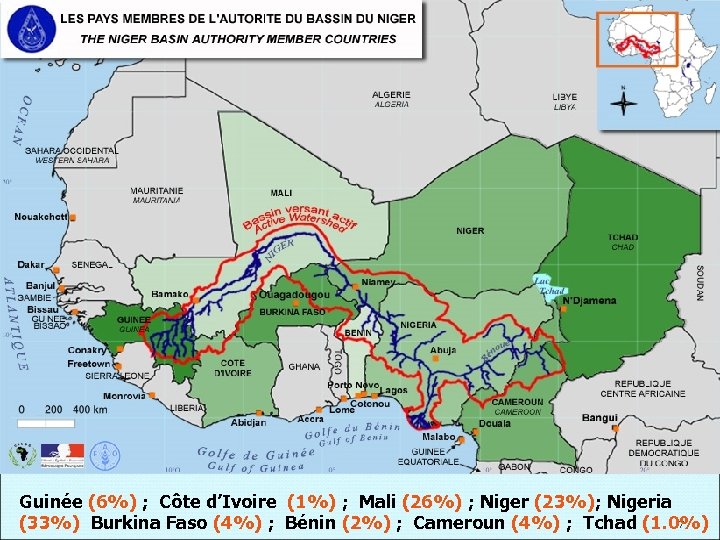 Guinée (6%) ; Côte d’Ivoire (1%) ; Mali (26%) ; Niger (23%); Nigeria 7