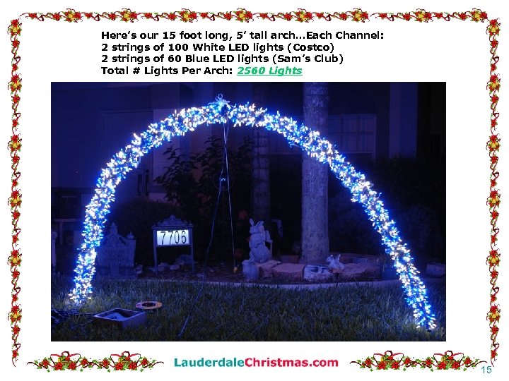 Here’s our 15 foot long, 5’ tall arch…Each Channel: 2 strings of 100 White