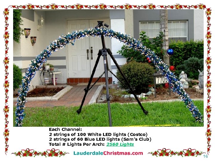 Each Channel: 2 strings of 100 White LED lights (Costco) 2 strings of 60