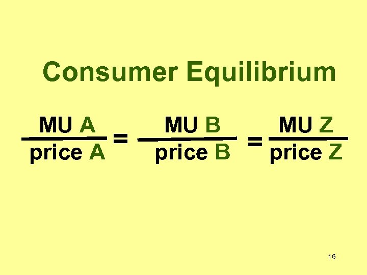 Consumer Equilibrium MU A price A = MU B price B MU Z =