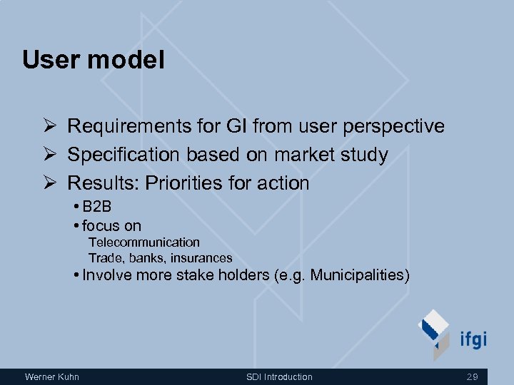 User model Ø Requirements for GI from user perspective Ø Specification based on market