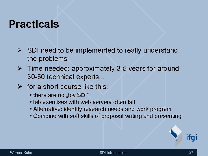 Practicals Ø SDI need to be implemented to really understand the problems Ø Time