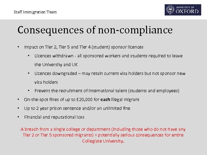 Staff Immigration Team Consequences of non-compliance • Impact on Tier 2, Tier 5 and