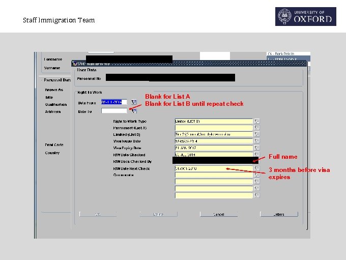 Staff Immigration Team Blank for List A Blank for List B until repeat check