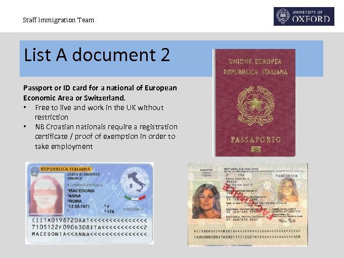 Staff Immigration Team List A document 2 Passport or ID card for a national