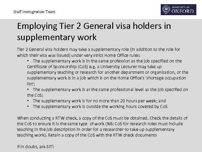 Staff Immigration Team Employing Tier 2 General visa holders in supplementary work Tier 2