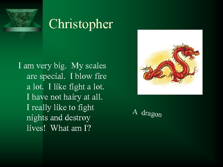 Christopher I am very big. My scales are special. I blow fire a lot.