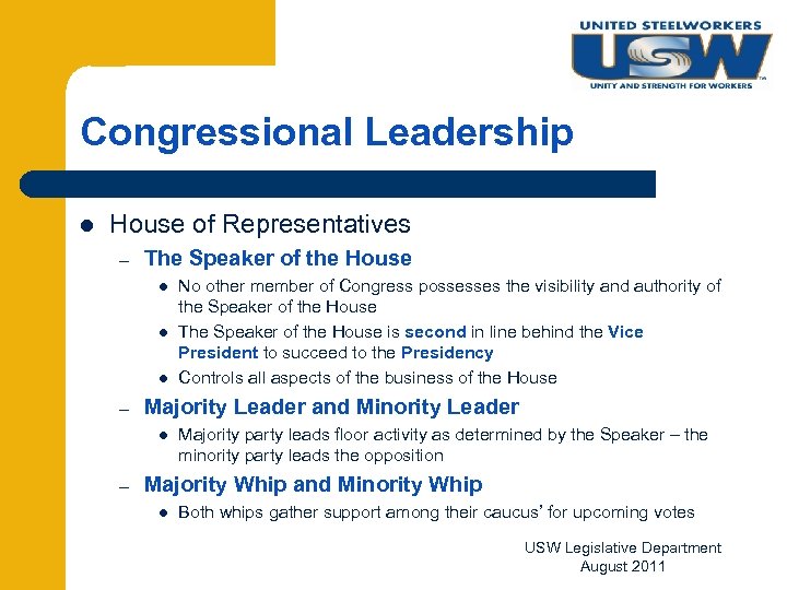 Congressional Leadership l House of Representatives – The Speaker of the House l l