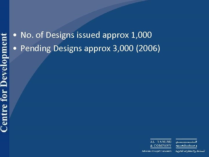  • No. of Designs issued approx 1, 000 • Pending Designs approx 3,