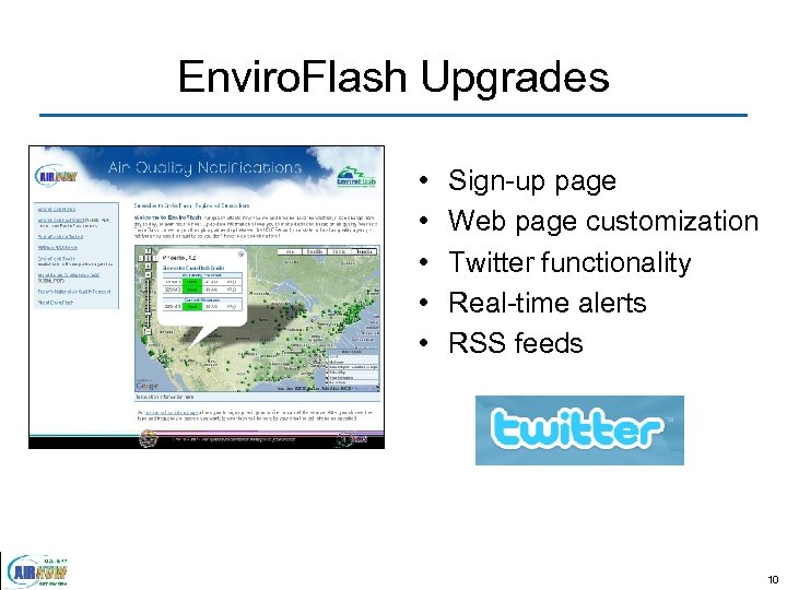 Enviro. Flash Upgrades • • • Sign-up page Web page customization Twitter functionality Real-time