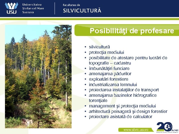 Posibilităţi de profesare • silvicultură • protecţia mediului • posibilitate de atestare pentru lucrări