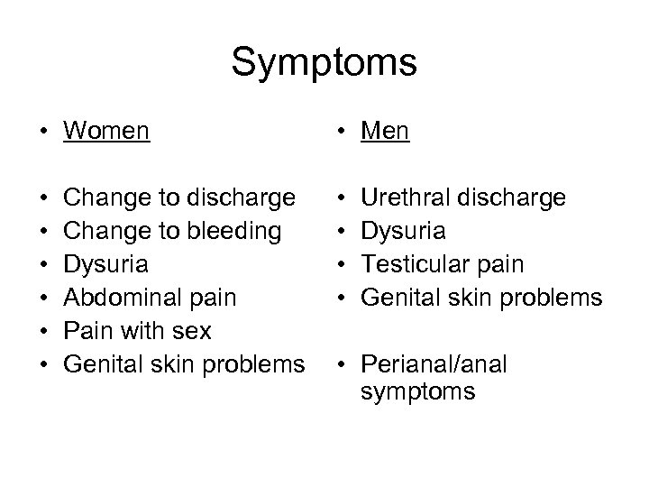 Symptoms • Women • Men • • • Change to discharge Change to bleeding