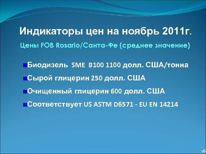 Индикаторы цен на ноябрь 2011 г. Цены FOB Rosario/Санта-Фе (среднее значение) Биодизель SME B