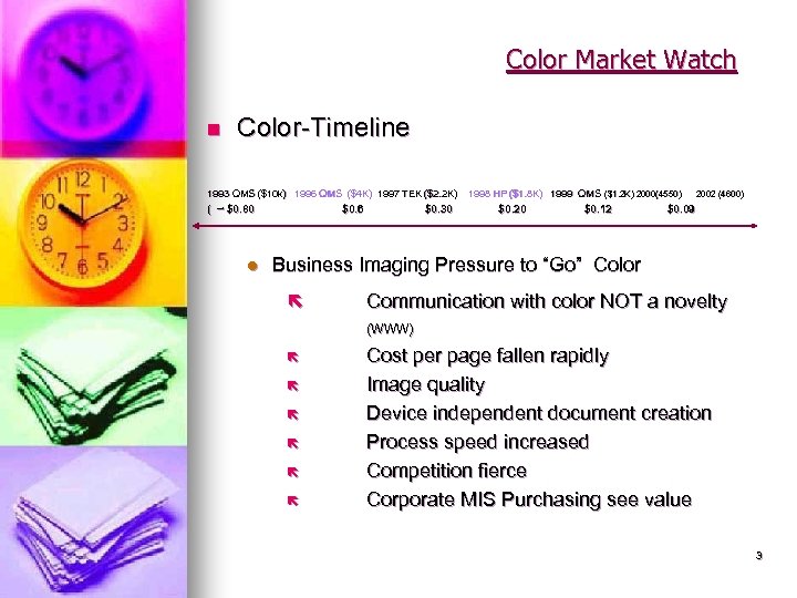 Color Market Watch n Color-Timeline 1993 QMS ($10 k) 1996 QMS ($4 K) 1997