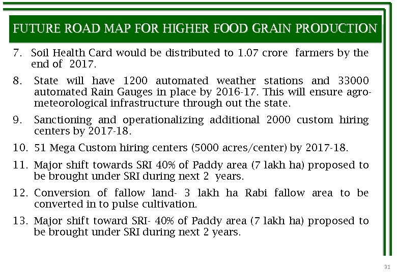 FUTURE ROAD MAP FOR HIGHER FOOD GRAIN PRODUCTION 7. Soil Health Card would be