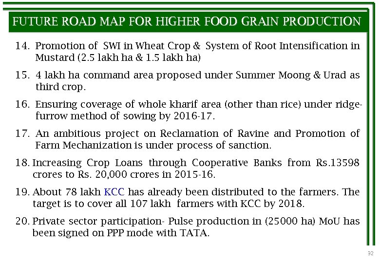 FUTURE ROAD MAP FOR HIGHER FOOD GRAIN PRODUCTION 14. Promotion of SWI in Wheat