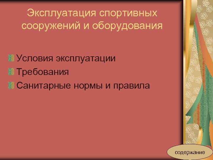 Эксплуатация спортивных сооружений и оборудования Условия эксплуатации Требования Санитарные нормы и правила содержание 