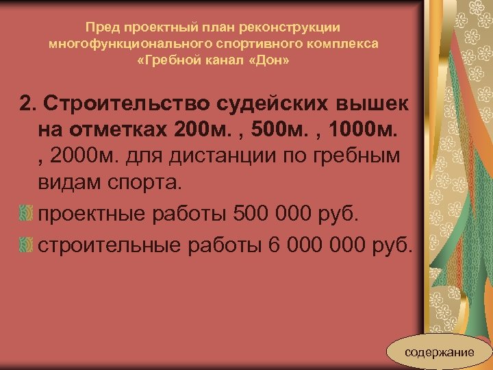 Пред проектный план реконструкции многофункционального спортивного комплекса «Гребной канал «Дон» 2. Строительство судейских вышек