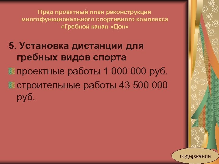 Пред проектный план реконструкции многофункционального спортивного комплекса «Гребной канал «Дон» 5. Установка дистанции для